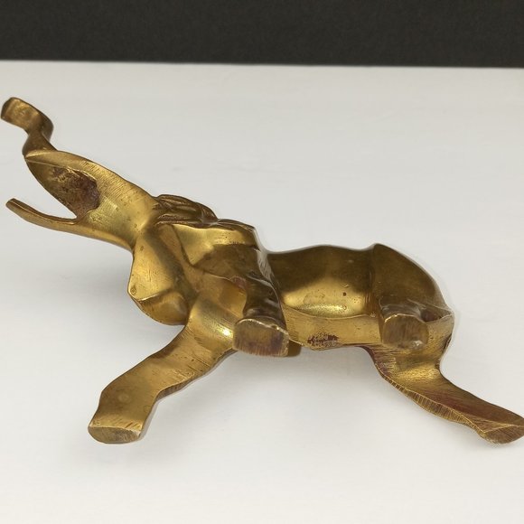 Vintage Golden Brass Lucky Elephant Hearth Desktop Paperweight Trunk Raised Up - Picture 3 of 4